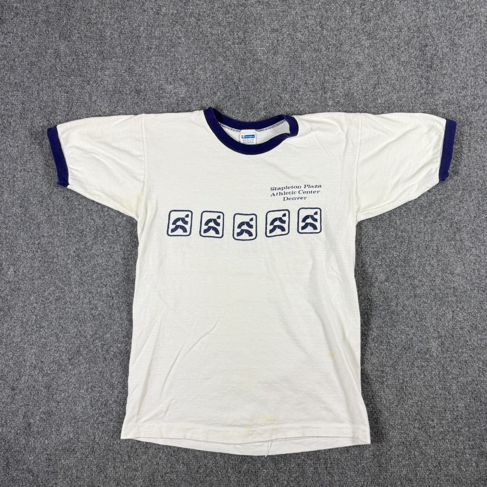 VTG 70s Champion Stapleton Plaza Athletic Center Denver Ringer Tee White Medium